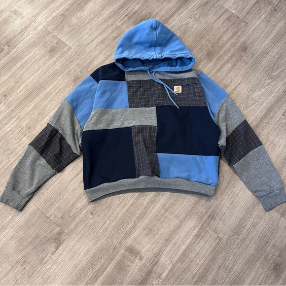 Carhartt Upcycled Handmade Patchwork Fall Flannel Blue Gray Relaxed Baggy Hoodie - Picture 4 of 4